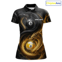 Load image into Gallery viewer, 8 ball 9 ball cobra snake and dragon pool billiard polo shirt for women with custom team graphics.