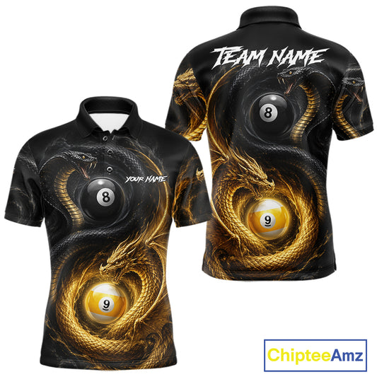 8 ball 9 ball cobra snake and dragon pool billiard polo shirt for men with custom team graphics.