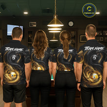 Load image into Gallery viewer, Back view of pool players wearing matching cobra snake and dragon pool shirts in a game room.