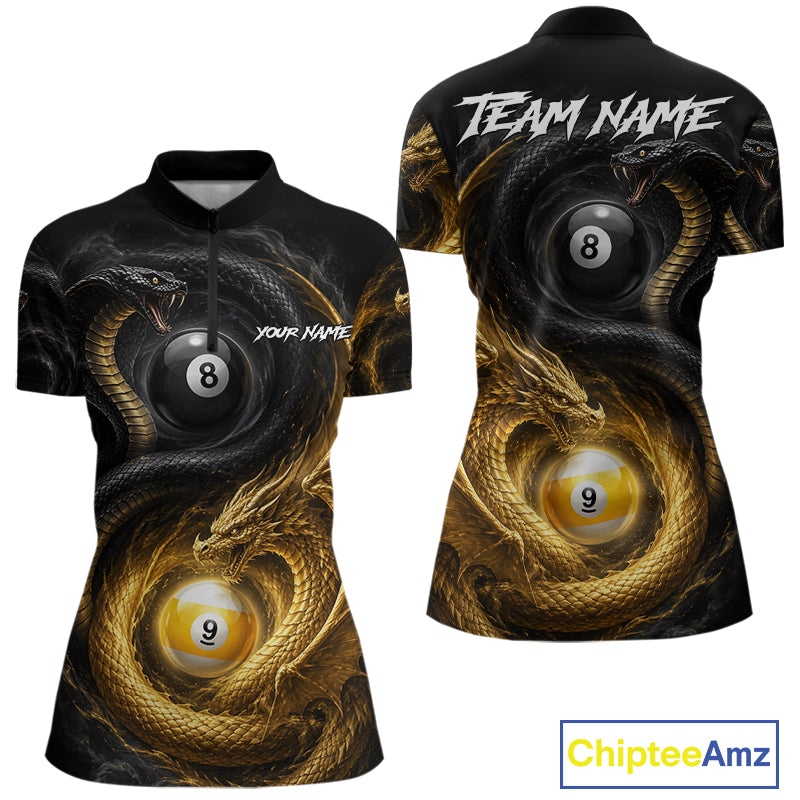 8 ball 9 ball cobra snake and dragon pool billiard quarter zip shirt for women built for tournaments and competitive league play.