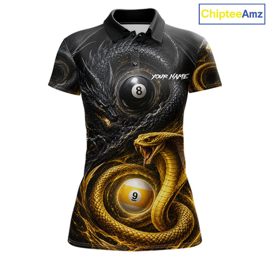 8 ball 9 ball cobra snake and dragon billiard polo shirt for women with custom pool team graphics.