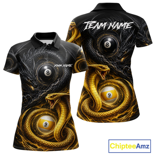 8 ball 9 ball cobra snake and dragon billiard polo shirt for women with custom pool team graphics.