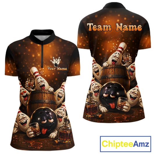 Funny drunk bowling pins bourbon vintage bowling team jersey quarter zip shirt for women featuring bourbon and drunk bowling pins artwork, premium custom bowling apparel.