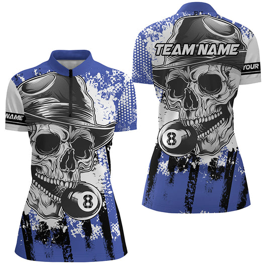 Blue Billiard Skull Holding 8 Ball Women Quarter-Zip Shirts Custom Billiard Jersey Attire TDM1382