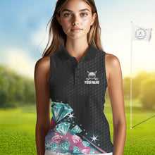Load image into Gallery viewer, Women's Sleeveless Golf Polo Shirt Funny Pink And Turquoise Diamonds Custom Name Golf Shirts TDM6471