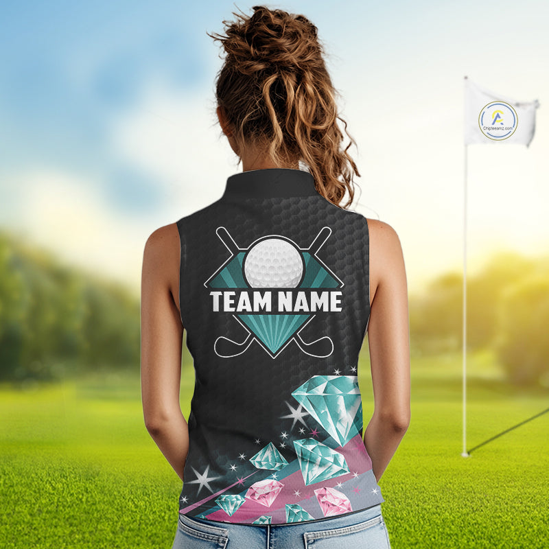 Women's Sleeveless Golf Polo Shirt Funny Pink And Turquoise Diamonds Custom Name Golf Shirts TDM6471