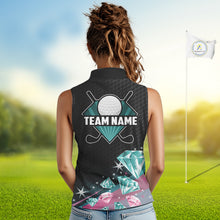 Load image into Gallery viewer, Women's Sleeveless Golf Polo Shirt Funny Pink And Turquoise Diamonds Custom Name Golf Shirts TDM6471