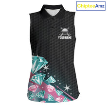 Load image into Gallery viewer, Women's Sleeveless Golf Polo Shirt Funny Pink And Turquoise Diamonds Custom Name Golf Shirts TDM6471
