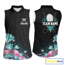 Load image into Gallery viewer, Women's Sleeveless Golf Polo Shirt Funny Pink And Turquoise Diamonds Custom Name Golf Shirts TDM6471