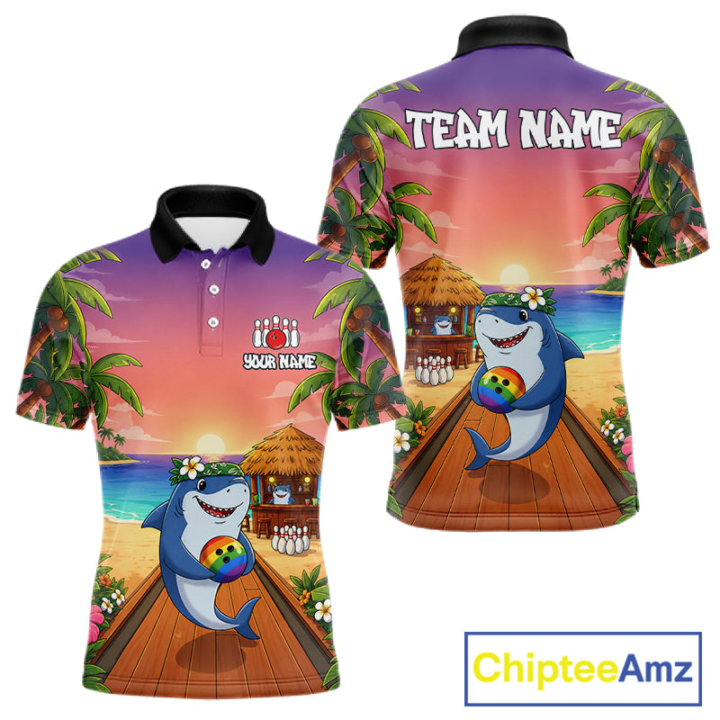 Funny Shark Sunset Tropical Bowling Shirts For Men Custom Bowling Polo & 1/4 Zip, Bowling Gifts TDM6472