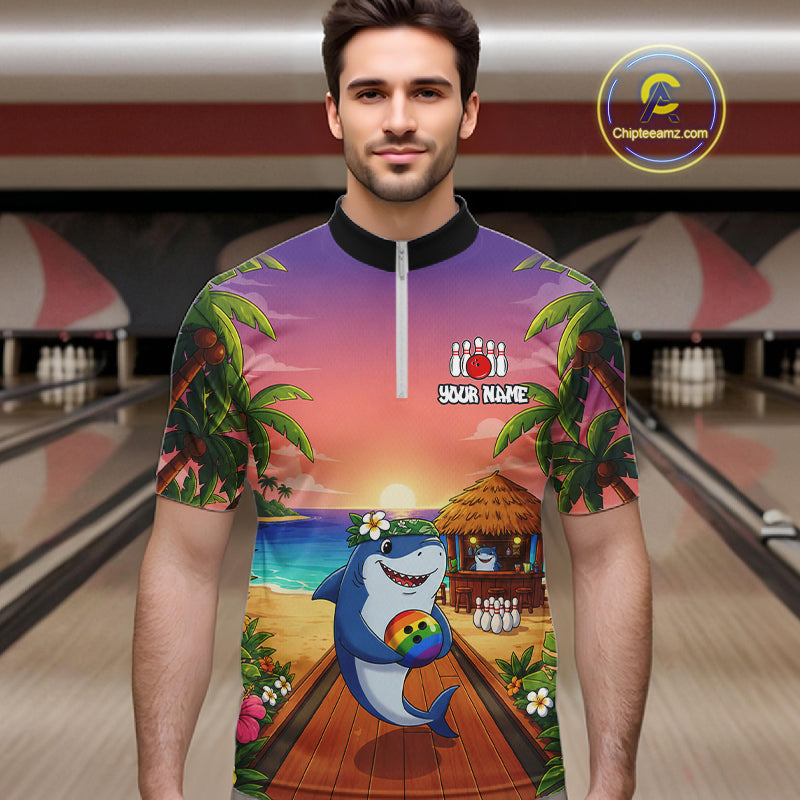 Funny Shark Sunset Tropical Bowling Shirts For Men Custom Bowling Polo & 1/4 Zip, Bowling Gifts TDM6472
