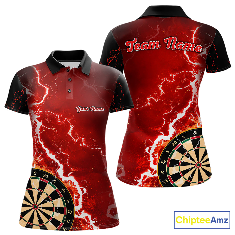 Custom red lightning darts team jersey polo shirt for women, personalized dart shirt with bold lightning graphics for darts league players.