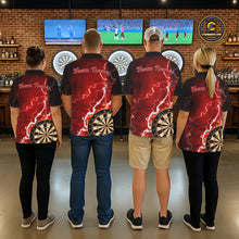 Load image into Gallery viewer, Darts team wearing matching red lightning darts jerseys back view.