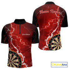 Load image into Gallery viewer, Custom red lightning darts quarter zip shirt with left chest pocket for men, personalized darts team jersey.