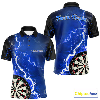 Custom blue lightning darts team jersey polo shirt for men, personalized dart shirt with electric lightning graphics for darts league players.