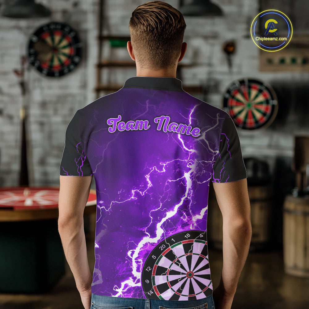 Man wearing custom purple lightning darts polo shirt back view.