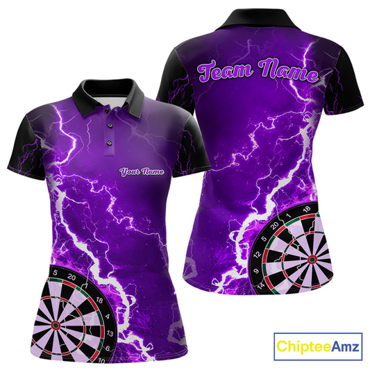 Custom purple lightning darts team jersey polo shirt for women, personalized dart shirt with bold lightning design for darts league players.