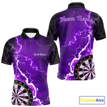 Load image into Gallery viewer, Custom purple lightning darts team jersey polo shirt for men, personalized dart shirt with bold lightning design for darts league players.