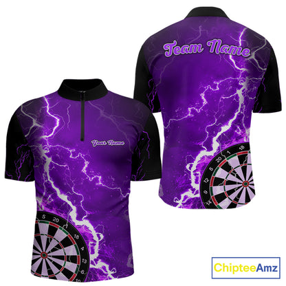 Custom purple lightning darts team quarter zip shirt for men with bold lightning graphics and personalized darts jersey design.
