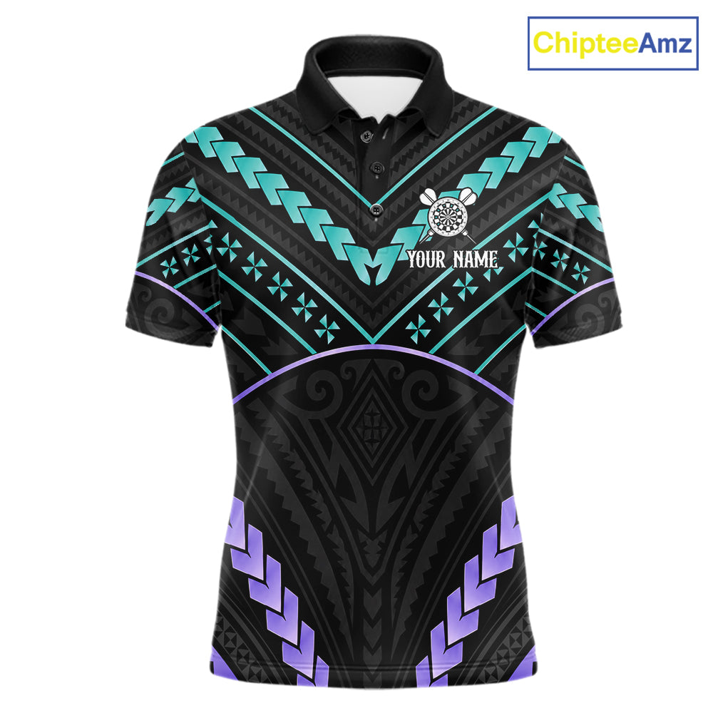 Custom teal and purple tribal dartboard darts team jersey polo shirt for men, personalized darts league apparel and tournament jersey.