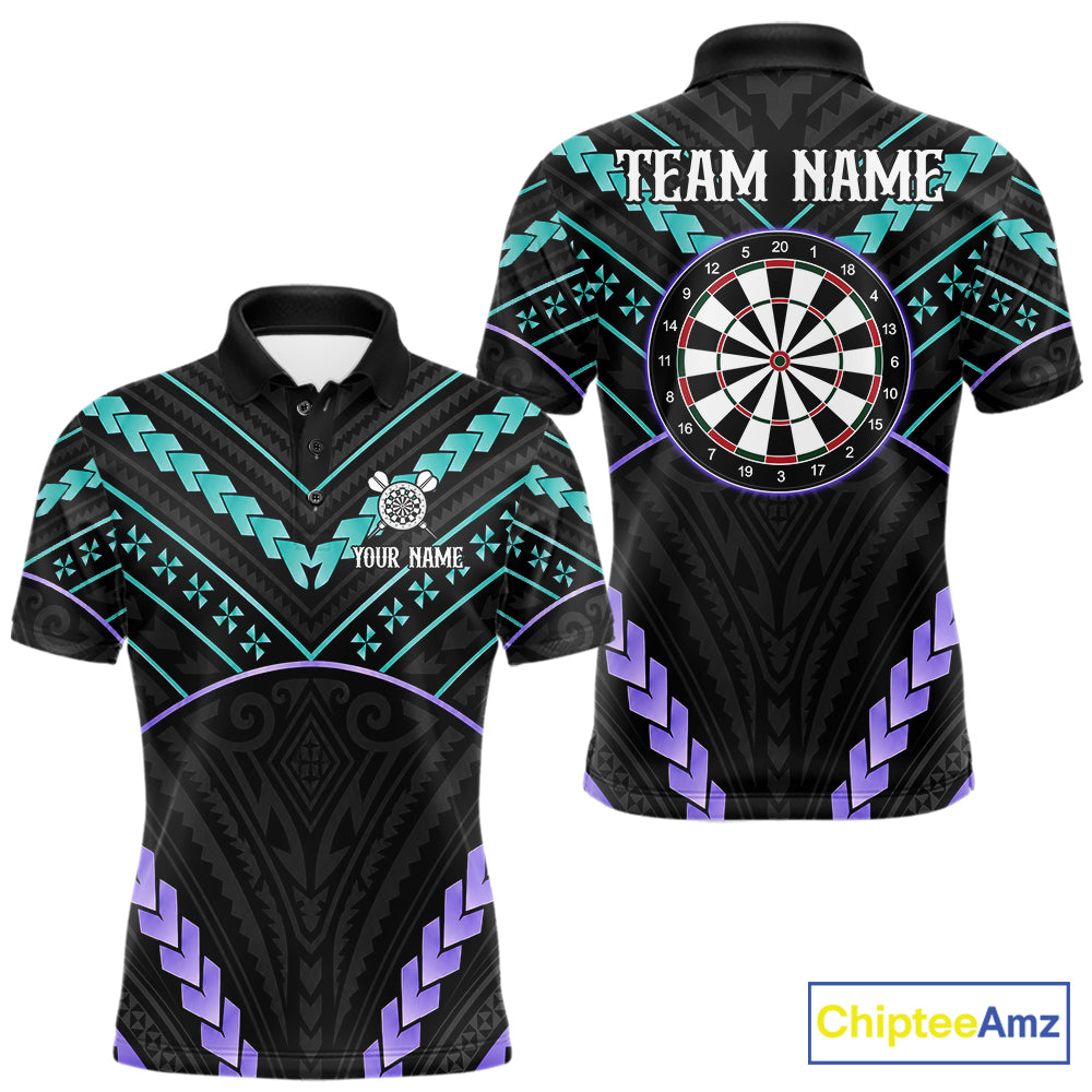 Custom teal and purple tribal dartboard darts team jersey polo shirt for men, personalized darts league apparel and tournament jersey.