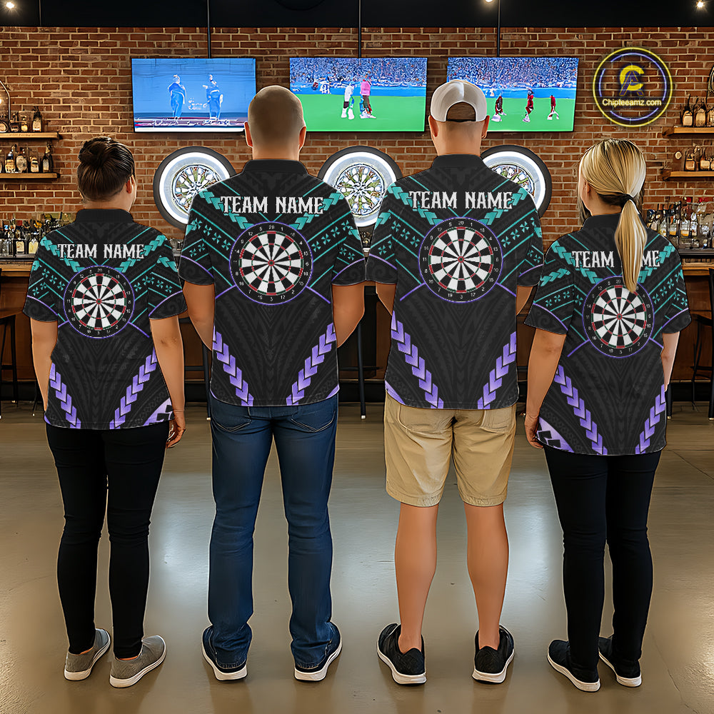 Darts team wearing matching teal and purple tribal dartboard jerseys back view.