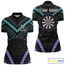 Load image into Gallery viewer, Custom teal and purple tribal dartboard darts quarter zip shirt for women, personalized darts team jersey.