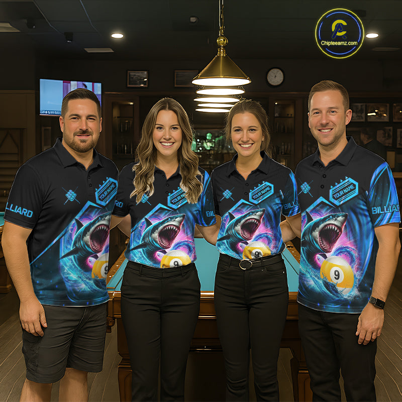 Billiard team wearing matching blue 9 ball pool shark team jerseys, front view.