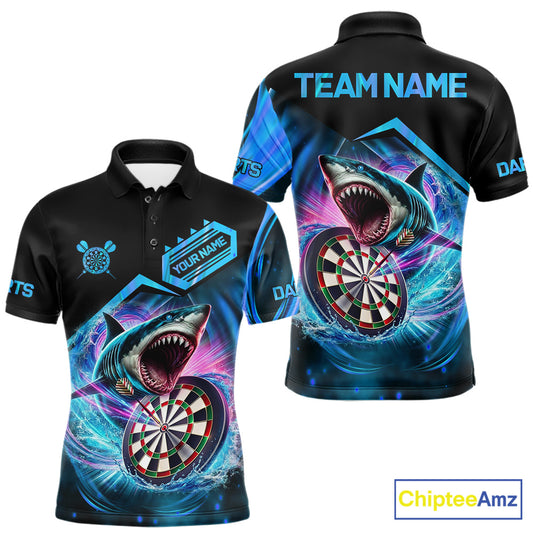 Personalized blue dartboard shark darts team jersey polo shirt for men featuring a fierce shark and dartboard design, premium custom team league darts apparel.