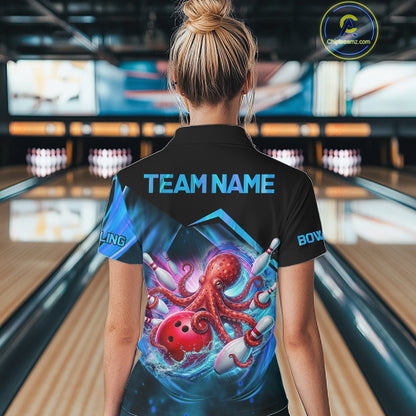 Woman wearing personalized blue glowing octopus bowling team jersey polo shirt featuring glowing octopus artwork, back view.