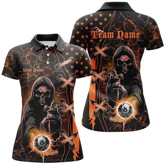 Orange Grim Reaper Lightning US Flag Billiard Shirts For Women,  Halloween Billiard Jerseys TDM2676