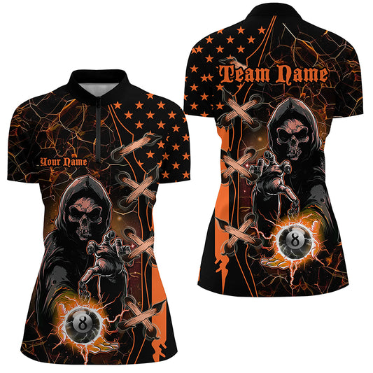 Orange Grim Reaper Lightning US Flag Billiard Shirts For Women,  Halloween Billiard Jerseys TDM2676