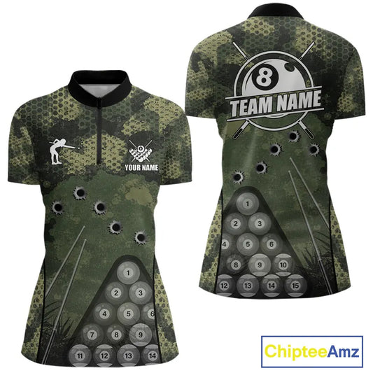 Green Camo 8 Ball Billiard Shirt For Women Custom Pool Team Shirt, Billiard Jersey Polo & 1/4 Zip TDM5655
