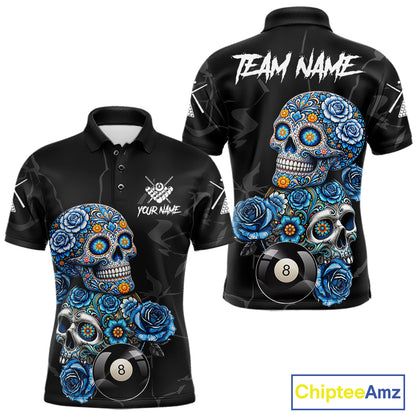 Personalized Blue 8 Ball Sugar Skull Billiard Shirt For Men, Pool Team Jersey Polo & 1/4 Zip TDM6261