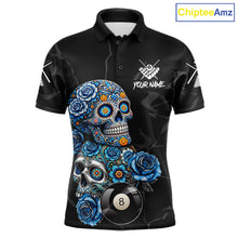 Load image into Gallery viewer, Personalized Blue 8 Ball Sugar Skull Billiard Shirt For Men, Pool Team Jersey Polo &amp; 1/4 Zip TDM6261