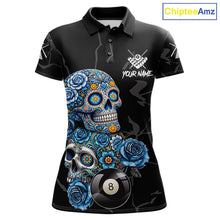 Load image into Gallery viewer, Personalized Blue 8 Ball Sugar Skull Billiard Shirt For Women, Pool Team Jersey Polo &amp; 1/4 Zip TDM6261