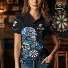 Load image into Gallery viewer, Personalized Blue Sugar Skull Darts Shirt For Women Custom Darts Jersey Team Polo &amp; Quarter Zip TDM6263