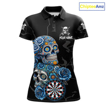 Load image into Gallery viewer, Personalized Blue Sugar Skull Darts Shirt For Women Custom Darts Jersey Team Polo &amp; Quarter Zip TDM6263