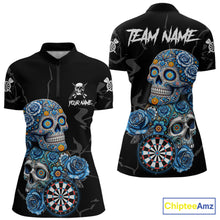 Load image into Gallery viewer, Personalized Blue Sugar Skull Darts Shirt For Women Custom Darts Jersey Team Polo &amp; Quarter Zip TDM6263