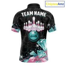 Load image into Gallery viewer, Custom Pink Turquoise Diamonds Bowling Shirt For Men, Glowing Bowling Team Jersey Polo &amp; 1/4 Zip TDM6270