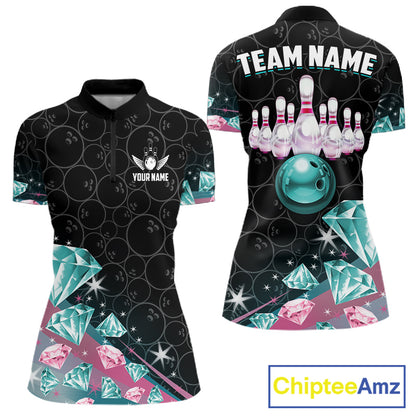 Custom Pink Turquoise Diamonds Bowling Shirt For Women, Glowing Bowling Team Jersey Polo & 1/4 Zip TDM6270