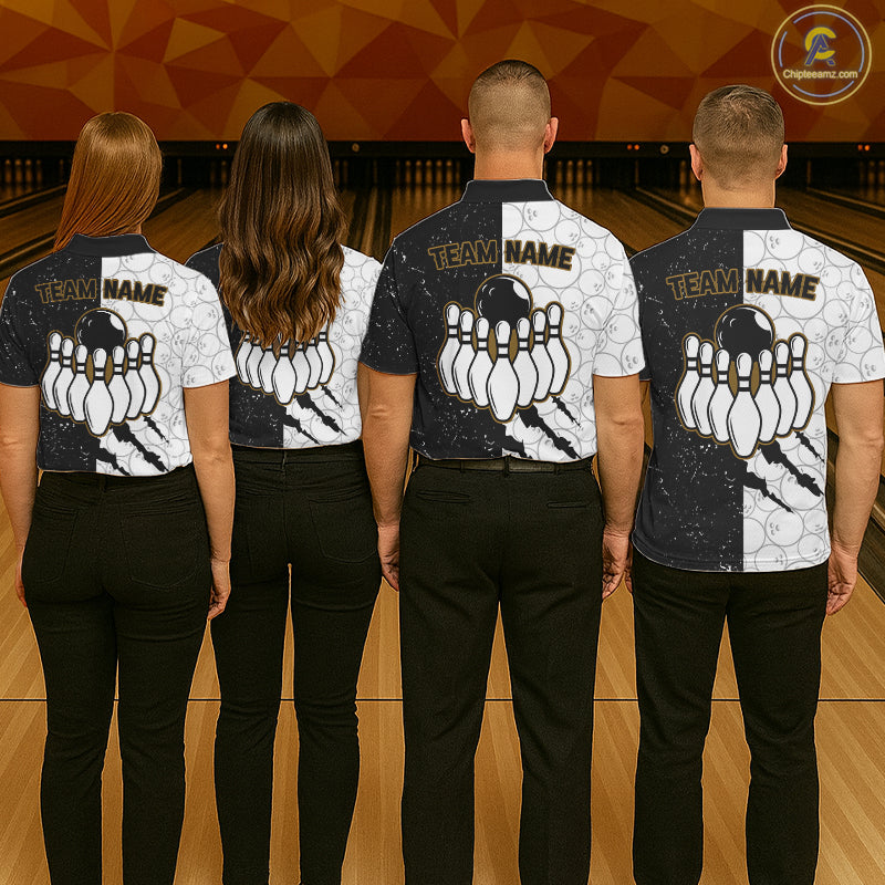 Custom Grunge Black White Bowling Shirt For Men, Bowling Tournament Team Shirt Polo & 1/4 Zip TDM6271