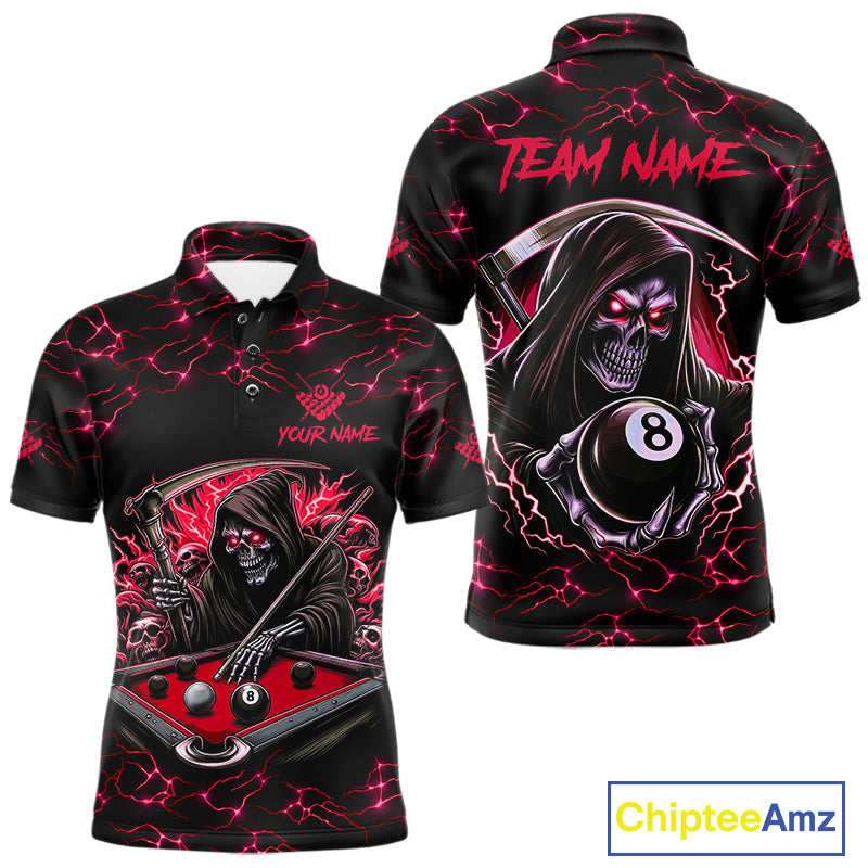 Red Funny Grim Reaper 8 Ball Pool Men Billiard Shirts Custom Name Lightning Billiard Jerseys TDM2159