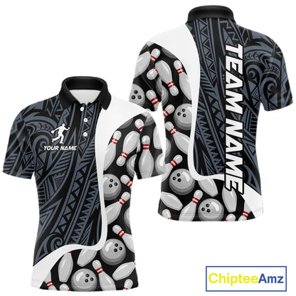 Blue tribal pattern bowling polo shirt for men with custom bowling team graphics.