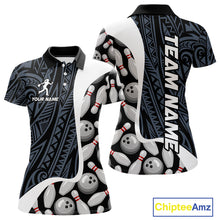 Load image into Gallery viewer, Blue tribal pattern bowling polo shirt for women with custom bowling team graphics.