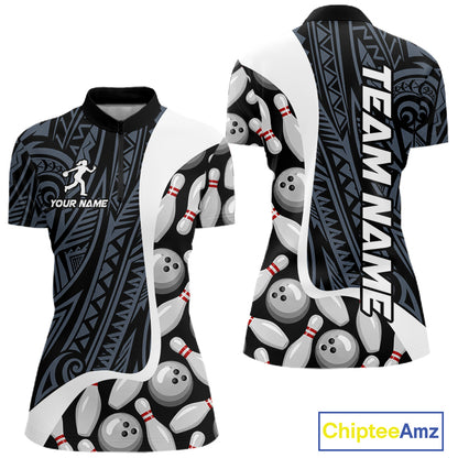 Blue tribal pattern bowling quarter zip shirt for women designed for league tournaments and team events.