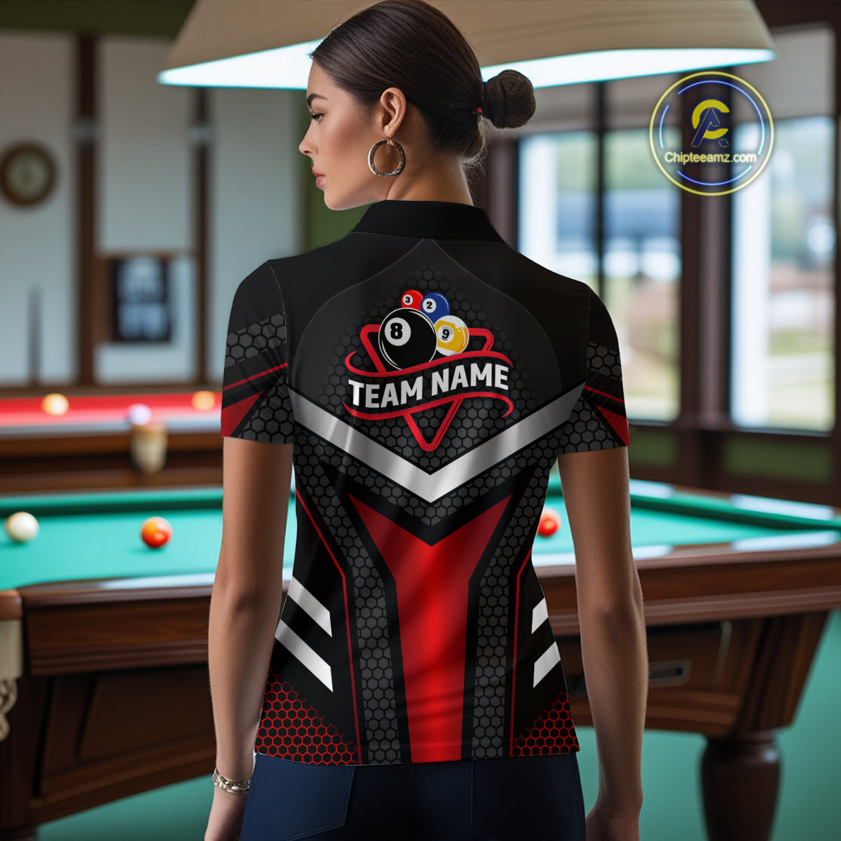 Personalized Billiard 8 Ball & 9 Ball Pool Polo, 1/4 Zip For Women Custom Team Billiard Jerseys |Red TDM4152