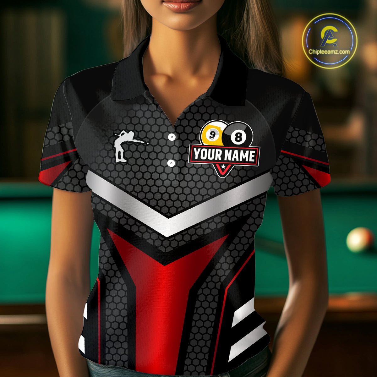 Personalized Billiard 8 Ball & 9 Ball Pool Polo, 1/4 Zip For Women Custom Team Billiard Jerseys |Red TDM4152