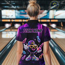 Load image into Gallery viewer, Woman wearing funny neon bowling ball bowling polo shirt back view.