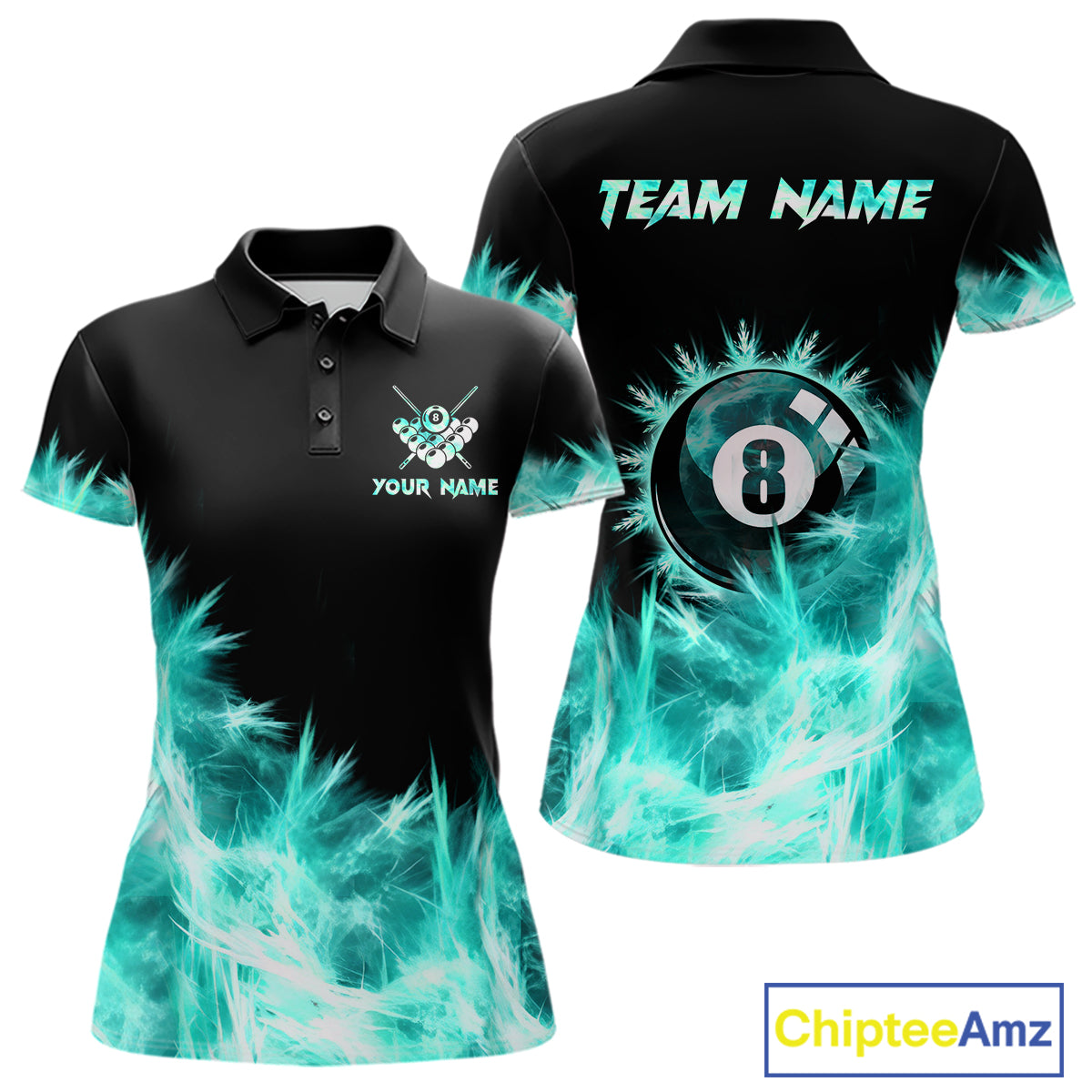 Turquoise Icy Light 8 Ball Pool Billiard Polo & 1/4 Zip For Women Custom Billiard Team Jerseys  TDM5689